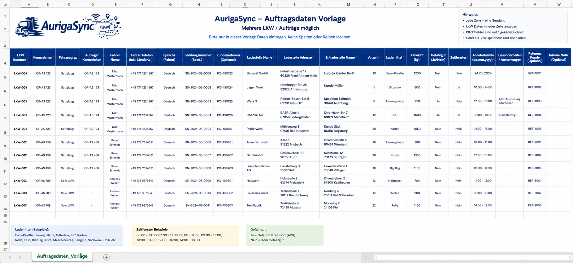 AurigaSync Excel Vorlage